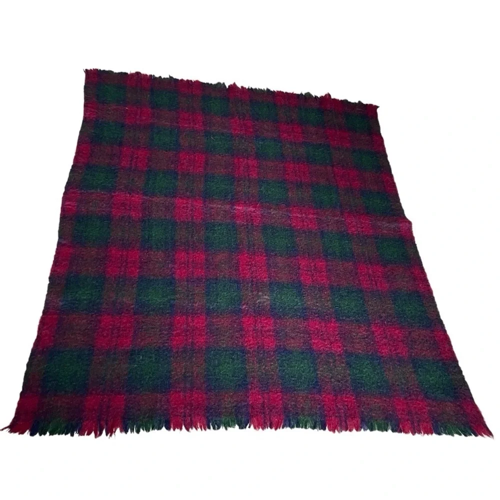 CUSHENDALE Ireland Vintage Mohair Wool Plaid Throw Blanket Burgundy Blue Green